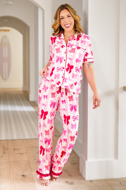 Plus/Reg Bow Print Short Sleeve Top and Pants Lounge Set