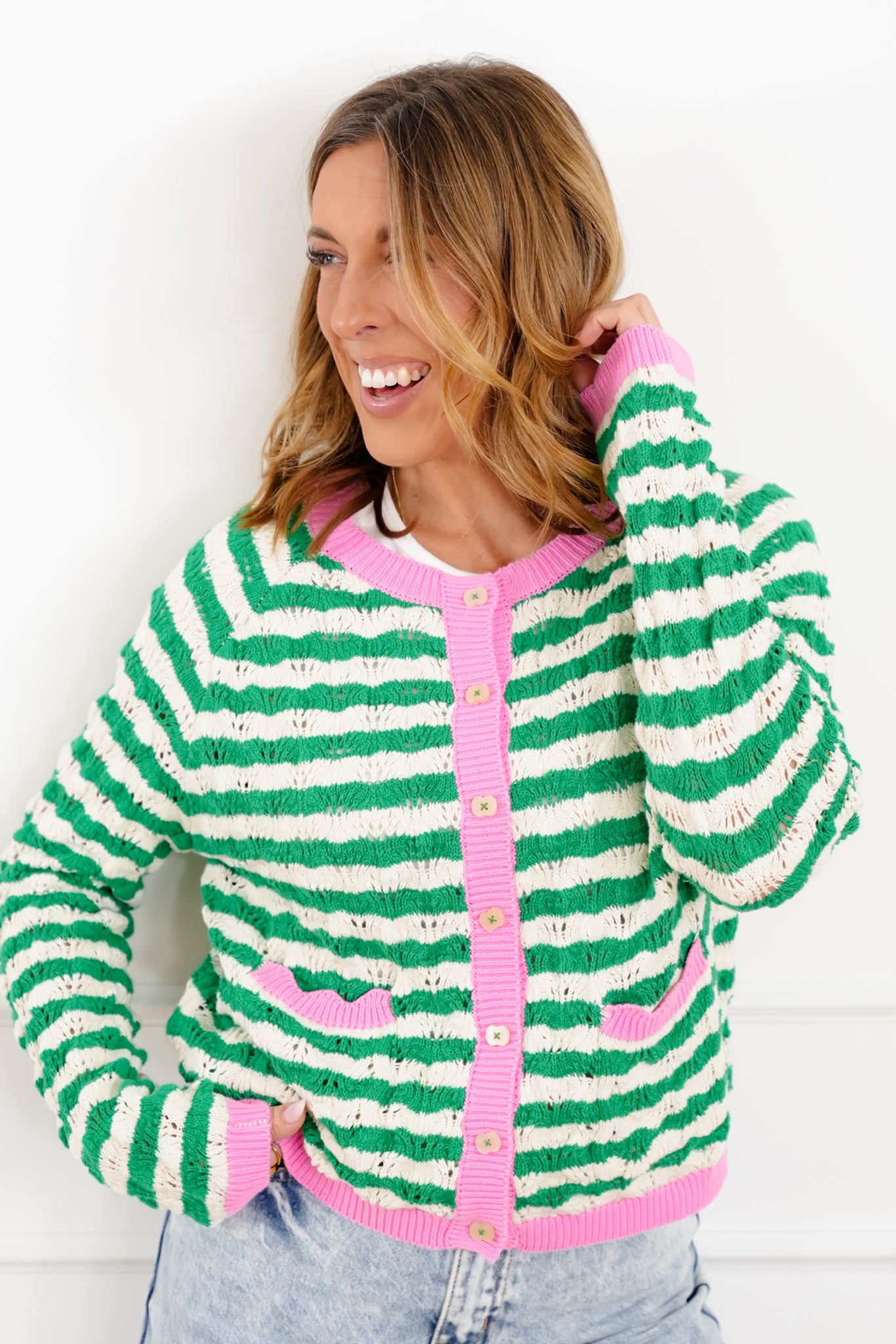 Stripe Knit Long Sleeve Button Down Cardigan