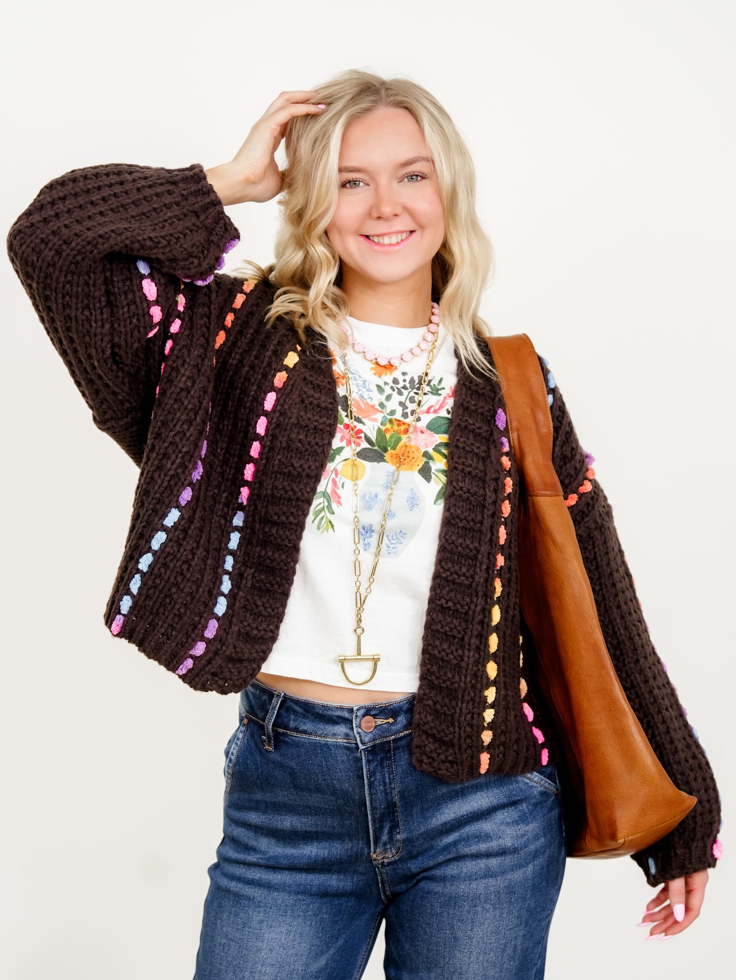 Long Sleeve Open Front Knit Cardigan with Stitch Detail