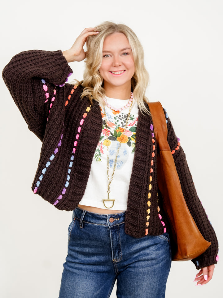Long Sleeve Open Front Knit Cardigan with Stitch Detail