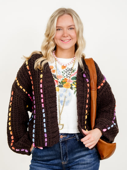 Long Sleeve Open Front Knit Cardigan with Stitch Detail