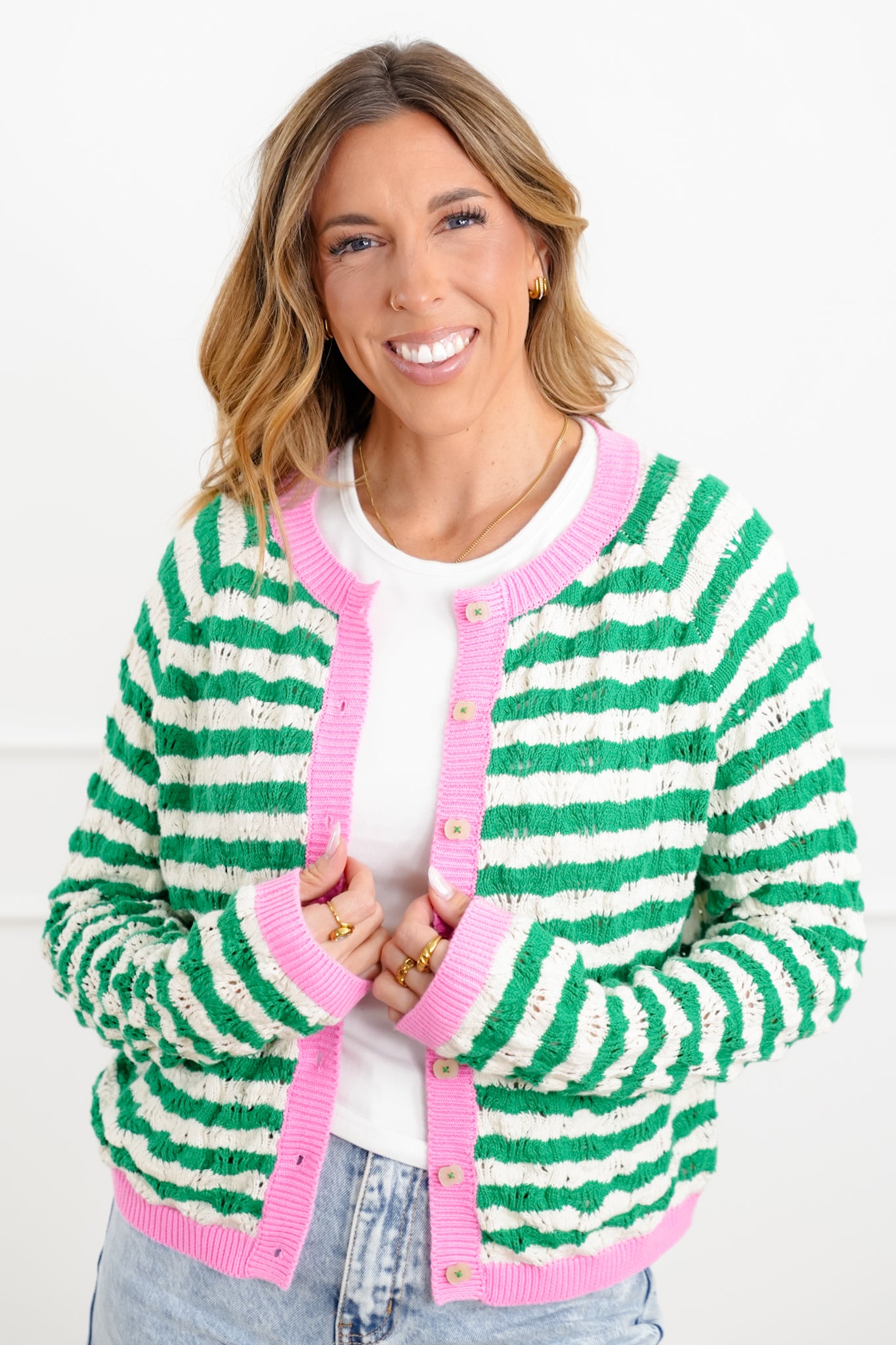 Stripe Knit Long Sleeve Button Down Cardigan
