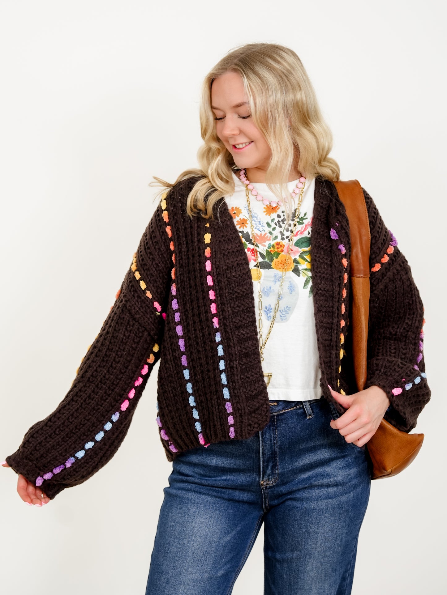 Long Sleeve Open Front Knit Cardigan with Stitch Detail