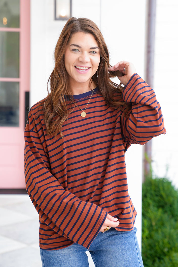 Stripe Long Sleeve Crew Neck Top