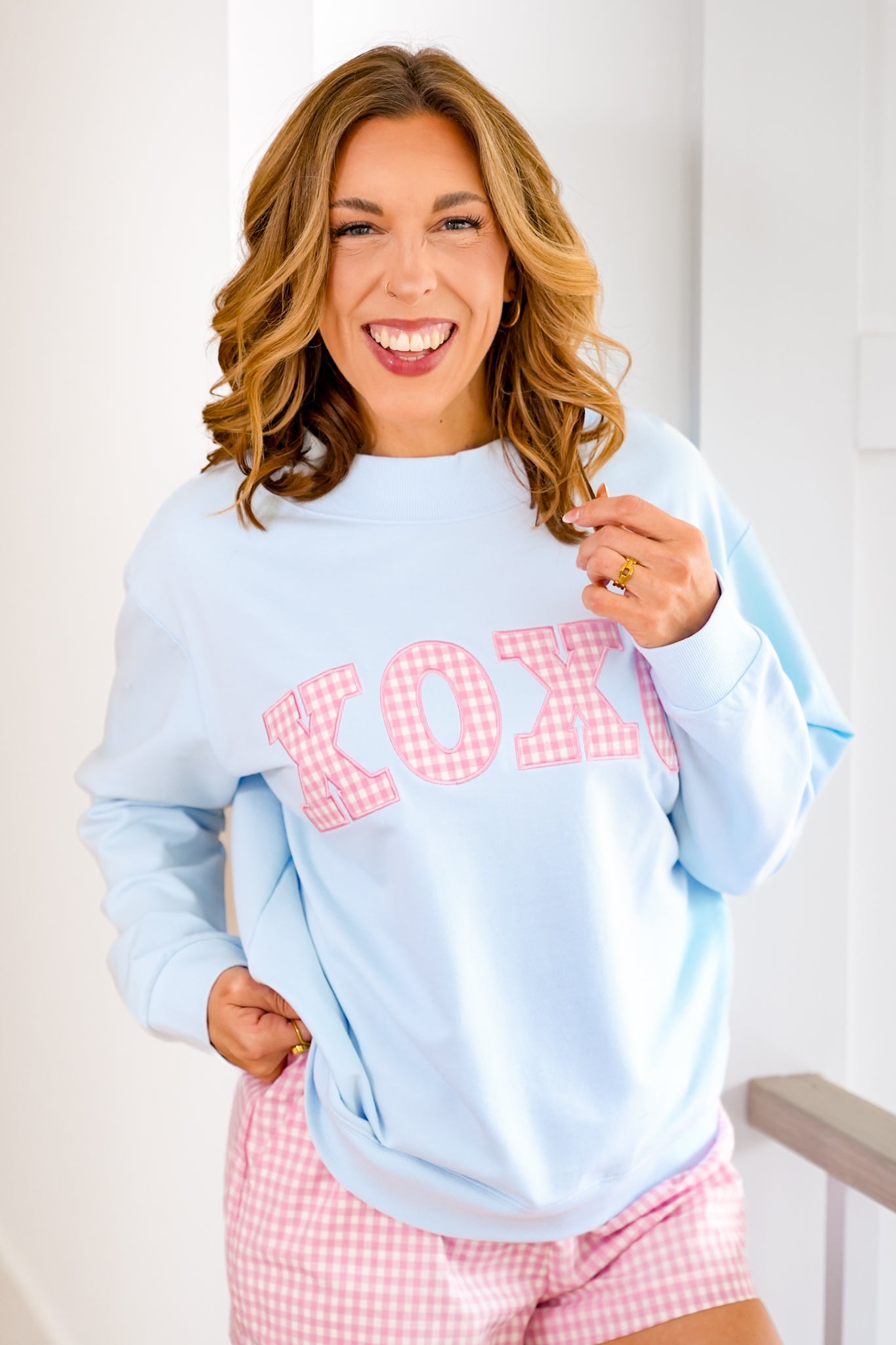 Long Sleeve Mock Neck Gingham "XOXO" Sweatshirt