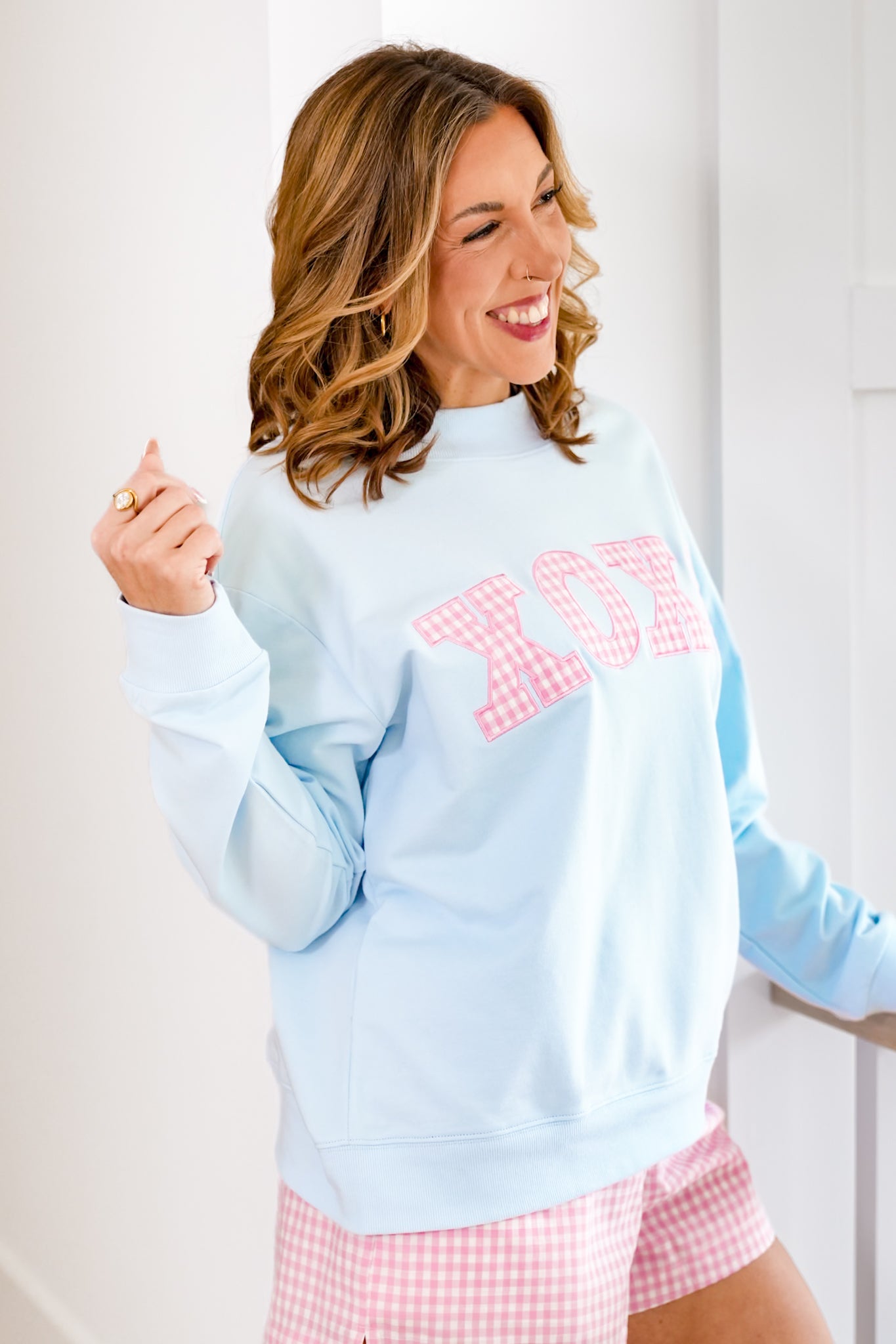 Long Sleeve Mock Neck Gingham "XOXO" Sweatshirt