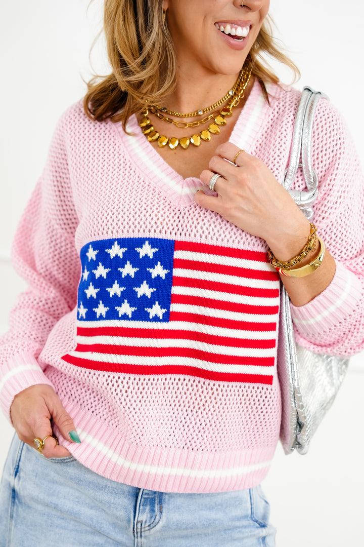 Pink Loose Knit Long Sleeve American Flag Pullover Sweater