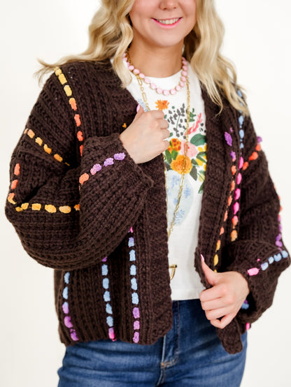 Long Sleeve Open Front Knit Cardigan with Stitch Detail