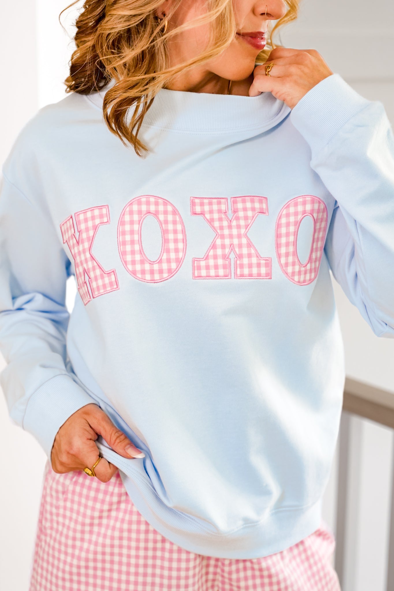 Long Sleeve Mock Neck Gingham "XOXO" Sweatshirt