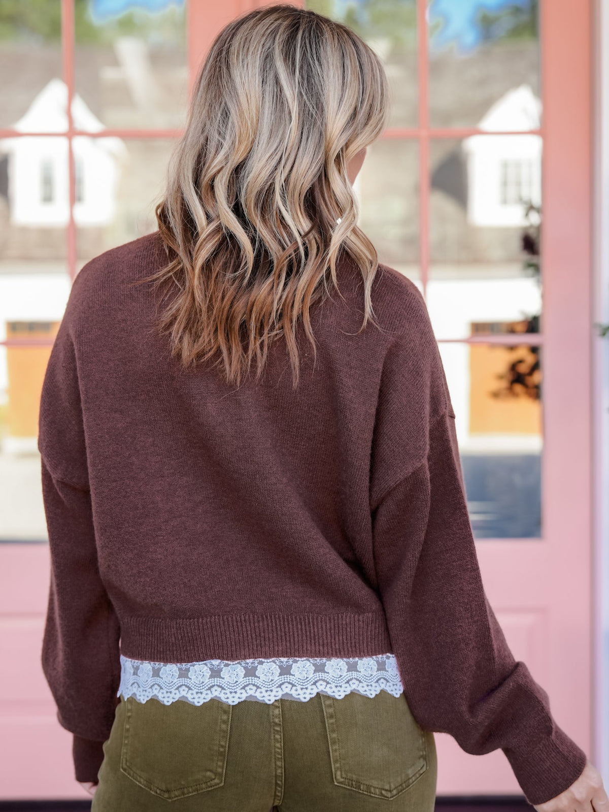 Brown Long Sleeve Crew Neck Sweater with Lace Trim - Freckled Poppy
