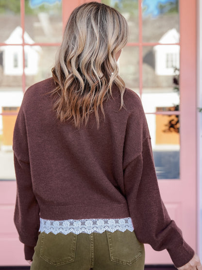 Brown Long Sleeve Crew Neck Sweater with Lace Trim - Freckled Poppy