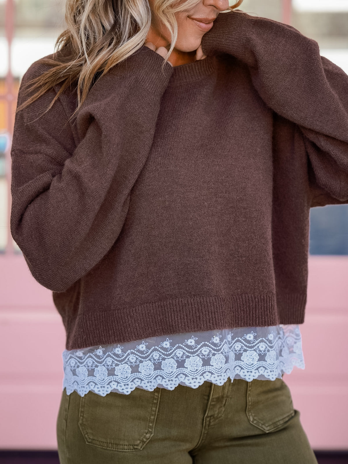 Brown Long Sleeve Crew Neck Sweater with Lace Trim - Freckled Poppy