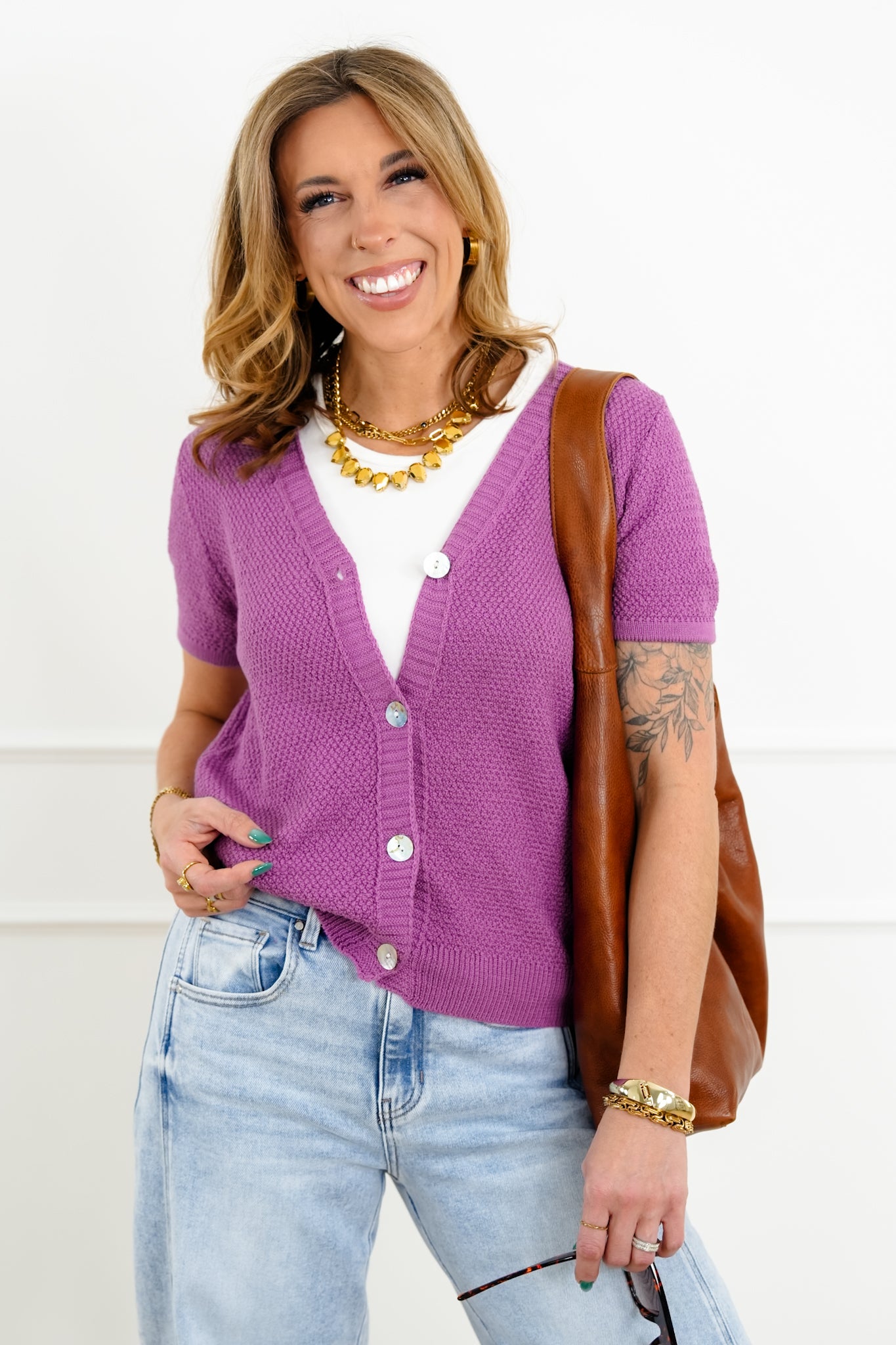 Knit Short Sleeve Button Down Cardigan