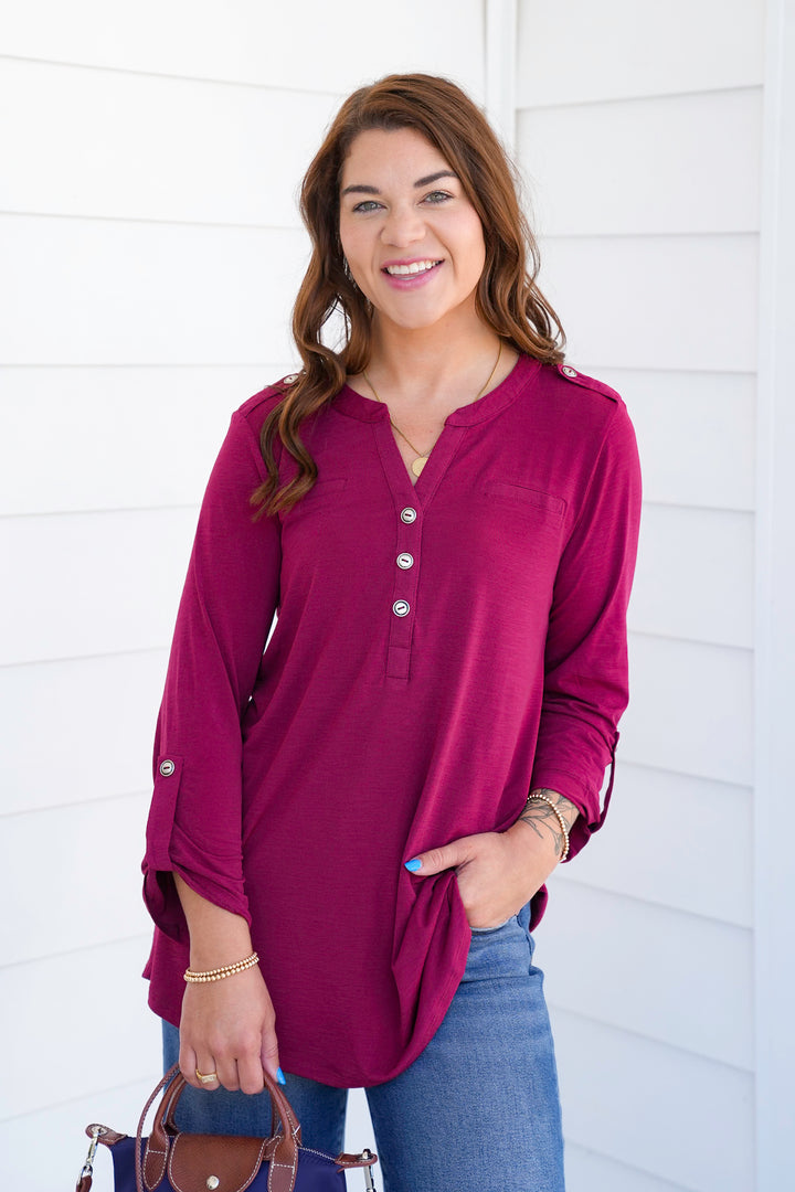 Door Buster! Plus/Reg Solid 3/4 Sleeve Button Up Tunic Top