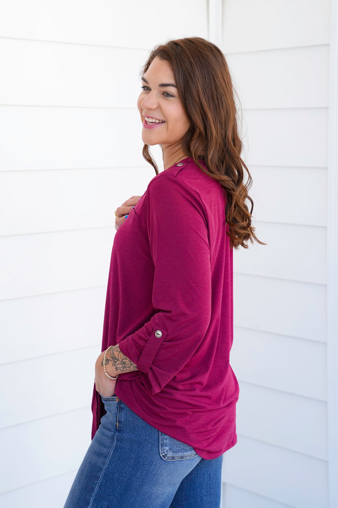Door Buster! Plus/Reg Solid 3/4 Sleeve Button Up Tunic Top