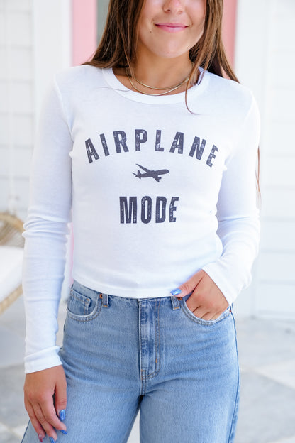 Plus/Reg White Long Sleeve "Airplane Mode" Graphic Tee