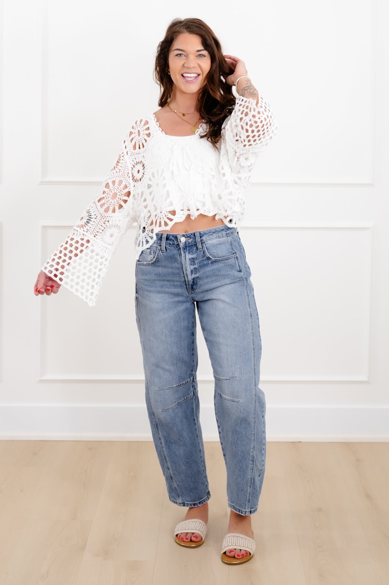 Long Sleeve Floral Crochet Cardigan with Front Tie