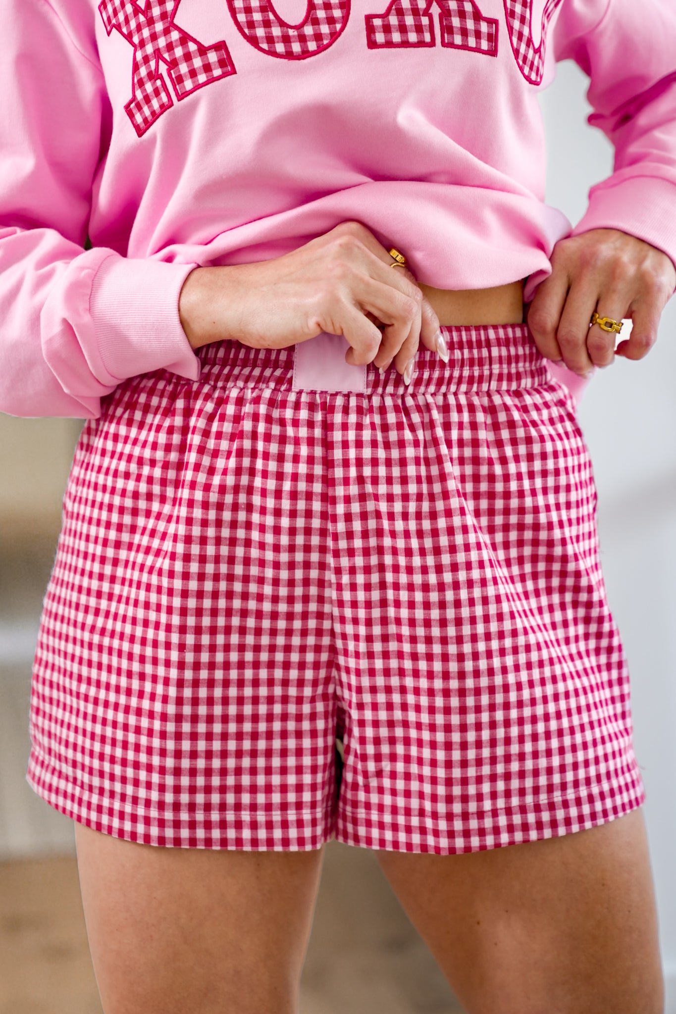 Gingham Print Elastic Waist Shorts with Pockets