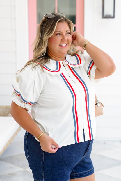 Short Puff Sleeve Button Down Top with Stripe Trim Detail