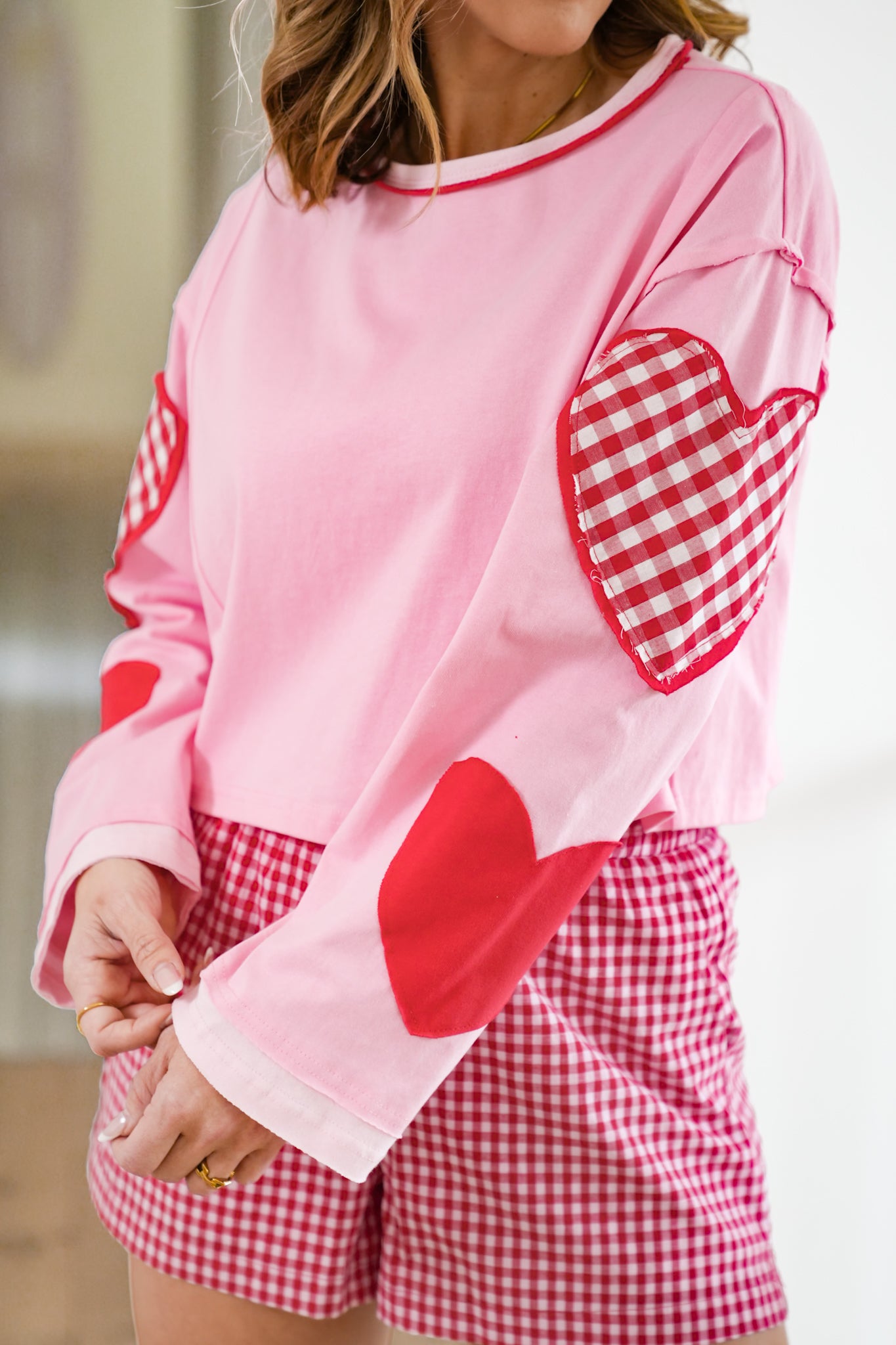 Pink Long Sleeve Top with Heart Patchwork