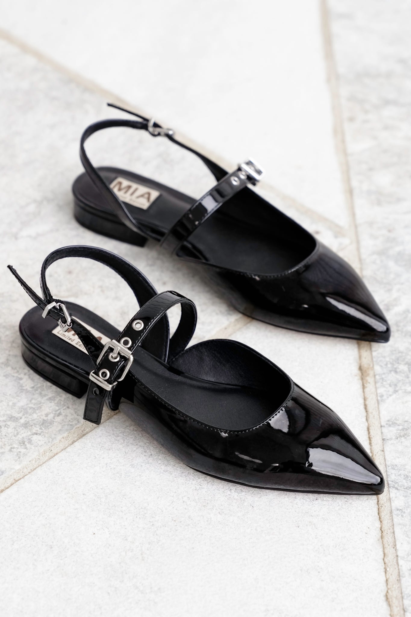 MIA Pointed Toe Slingback Flats with Adjustable Buckles