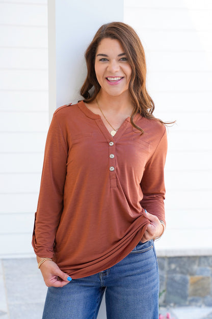 Door Buster! Plus/Reg Solid 3/4 Sleeve Button Up Tunic Top