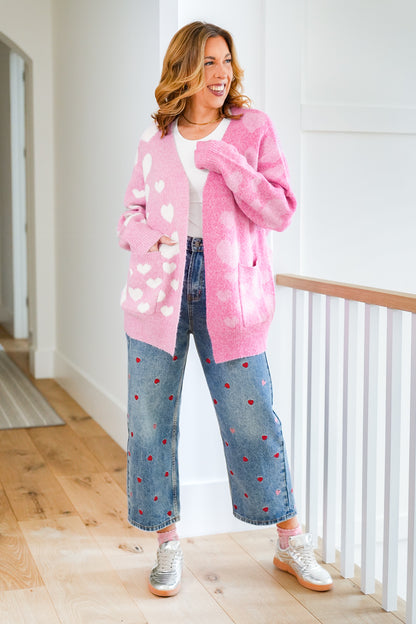 Plus/Reg Heart Pattern Color Block Open Front Cardigan