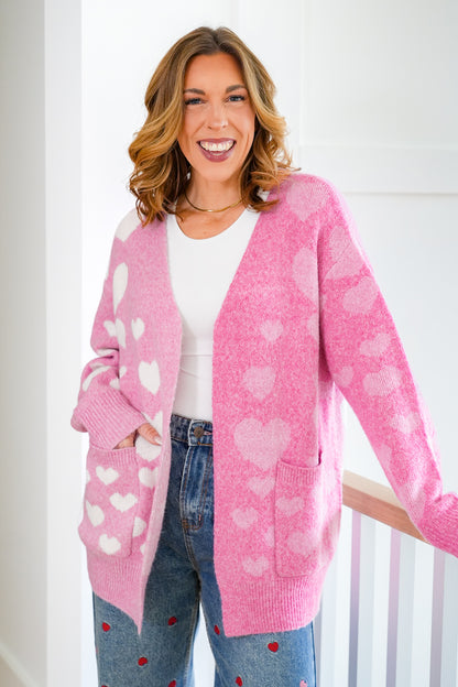 Plus/Reg Heart Pattern Color Block Open Front Cardigan