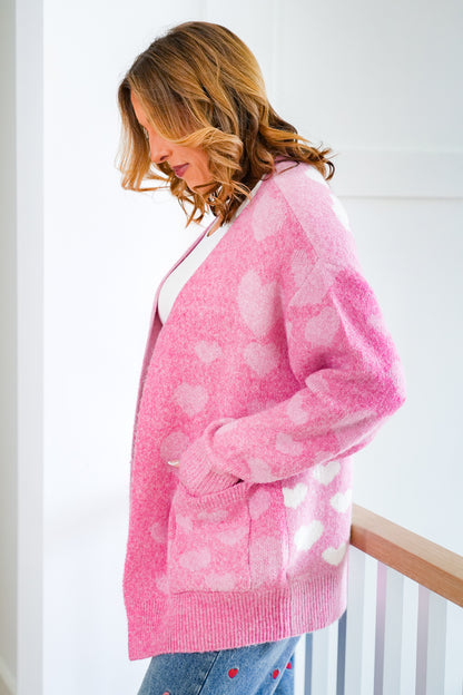 Plus/Reg Heart Pattern Color Block Open Front Cardigan