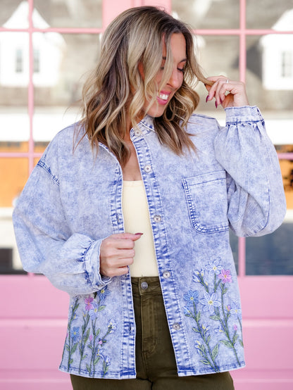 POL Embroidered Floral Long Sleeve Button Down Shacket