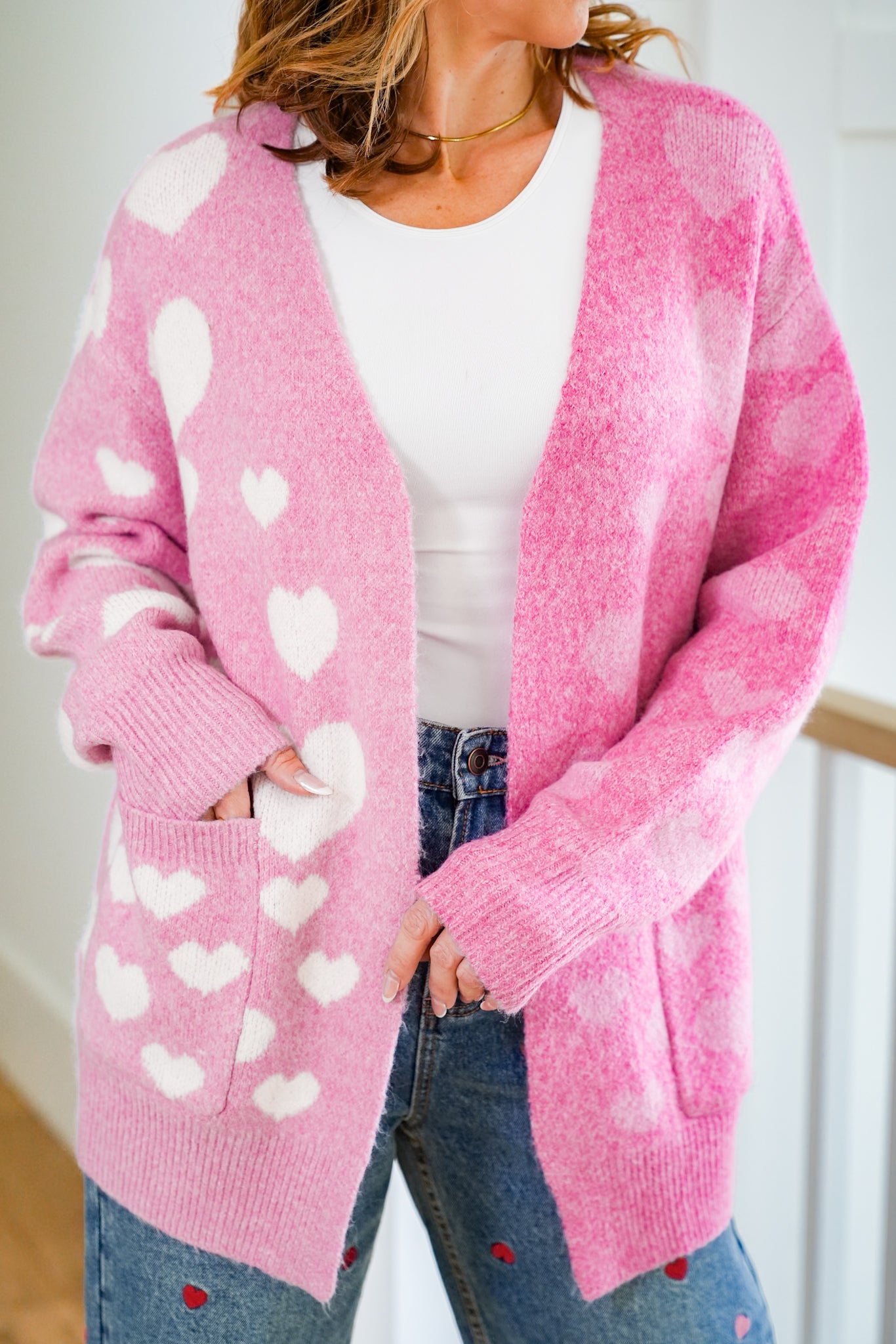 Plus/Reg Heart Pattern Color Block Open Front Cardigan