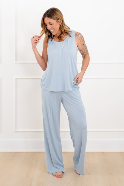 Blue Elastic Waist Wide Leg Pants