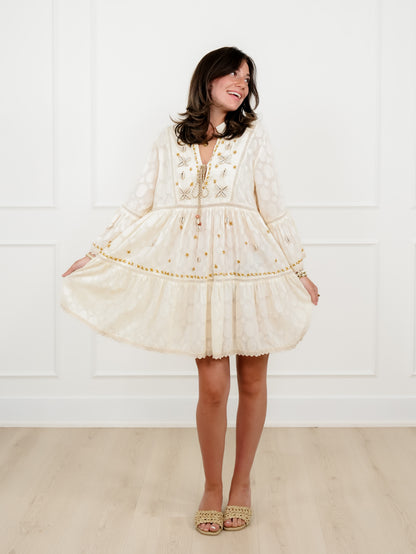 POL Natural 3/4 Sleeve V-Neck Dress with Seashell Trim