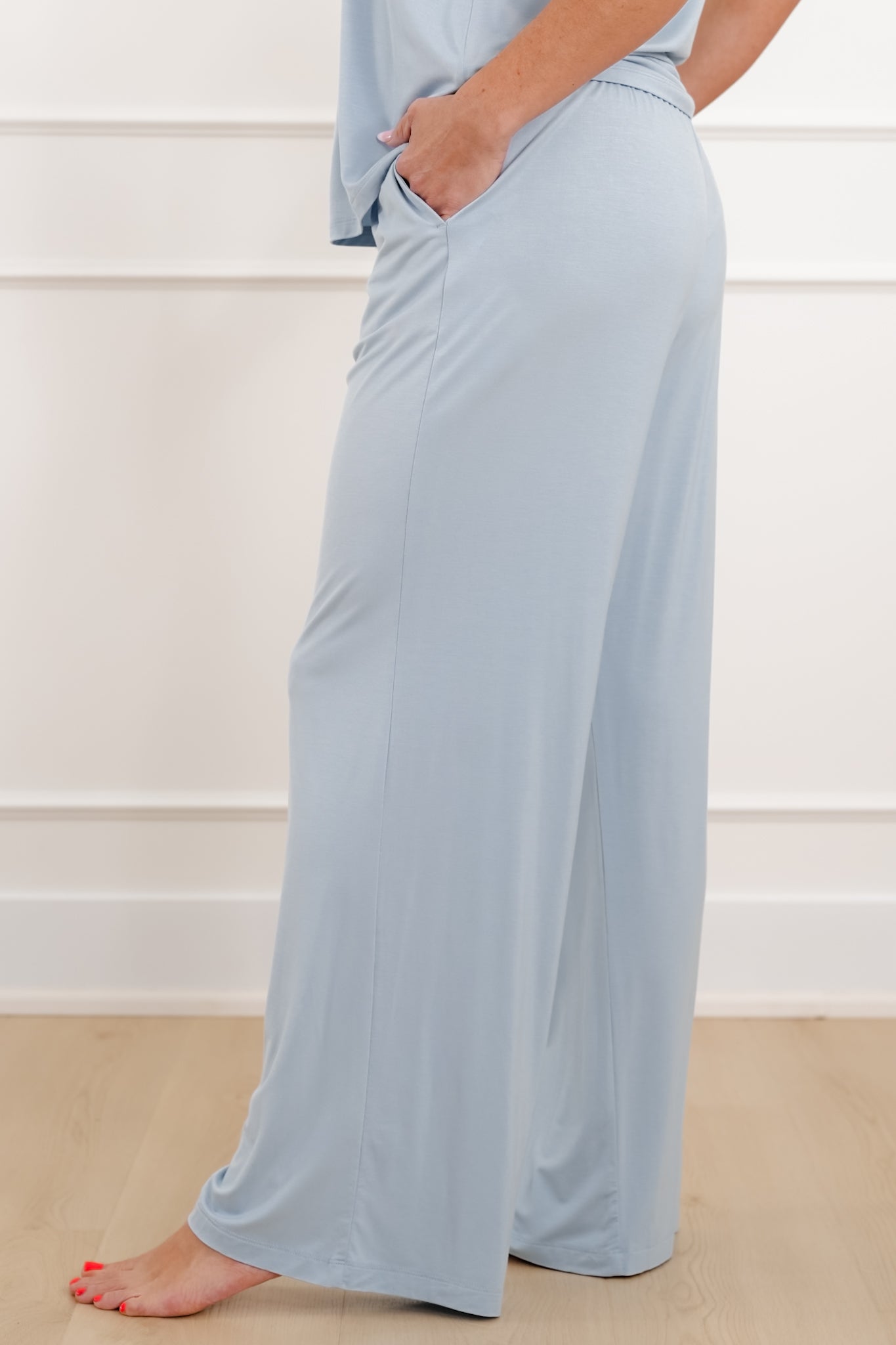 Blue Elastic Waist Wide Leg Pants