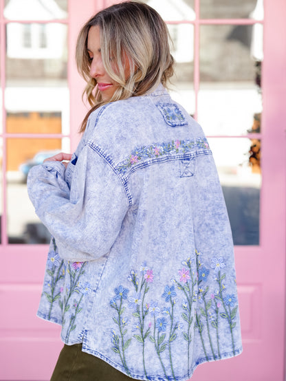 POL Embroidered Floral Long Sleeve Button Down Shacket