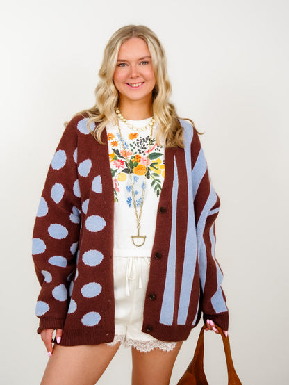 Plus/Reg Polka Dot and Stripe Long Sleeve Button Down Cardigan