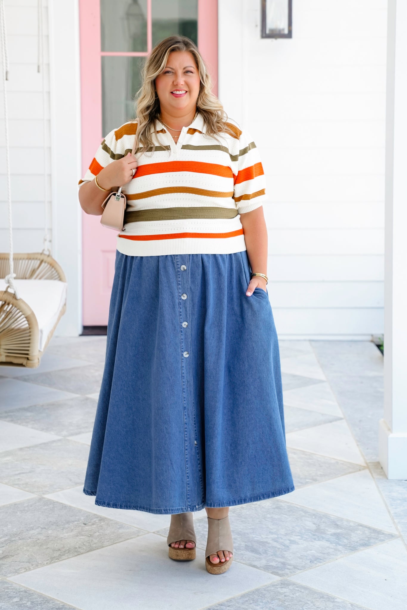 Stripe Short Sleeve Collared Sweater Top