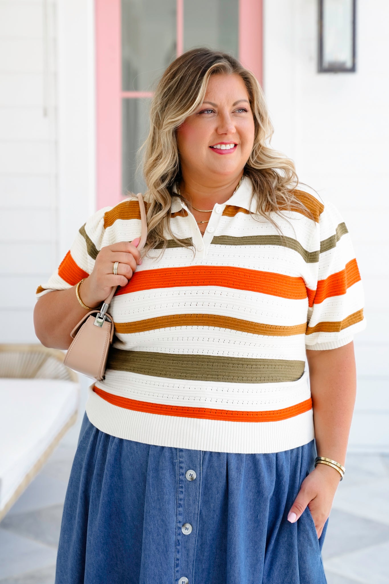 Stripe Short Sleeve Collared Sweater Top