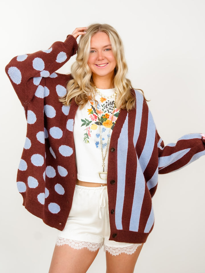 Plus/Reg Polka Dot and Stripe Long Sleeve Button Down Cardigan