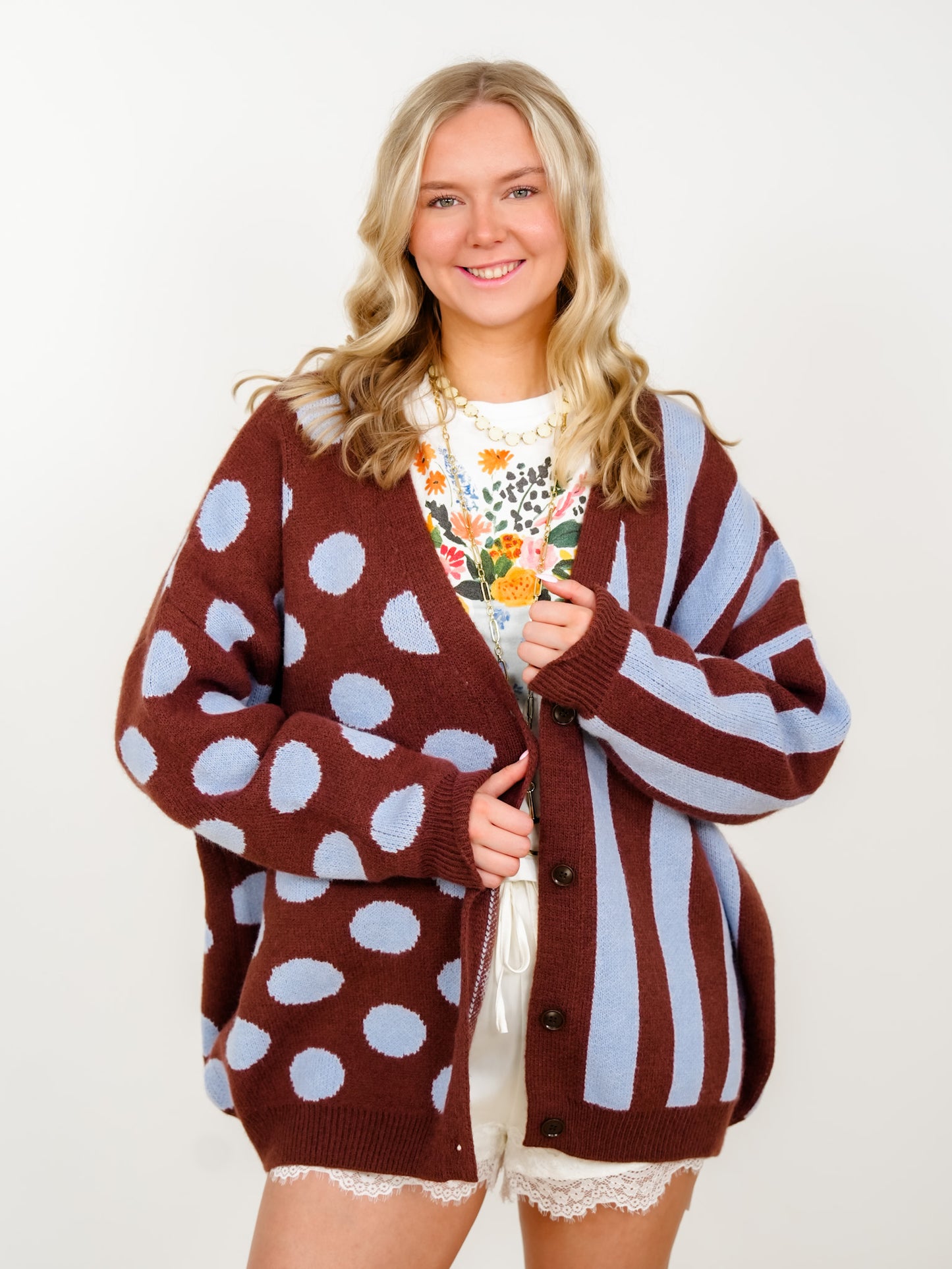 Plus/Reg Polka Dot and Stripe Long Sleeve Button Down Cardigan