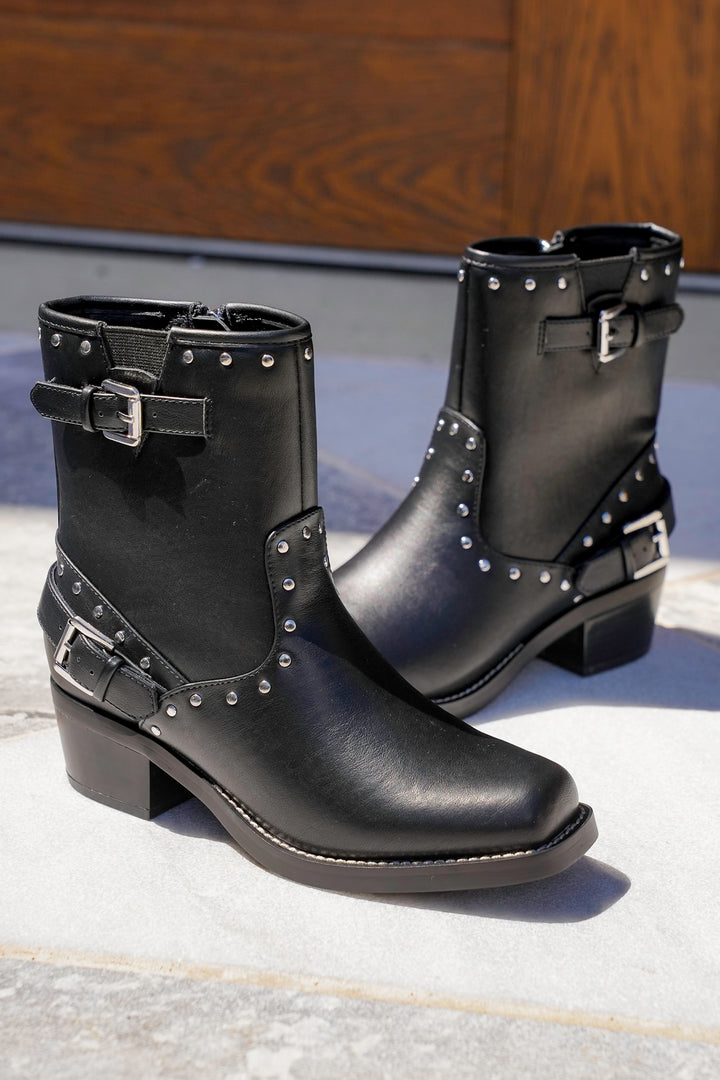 MIA Chunky Heel Vegan Leather Boots with Studs