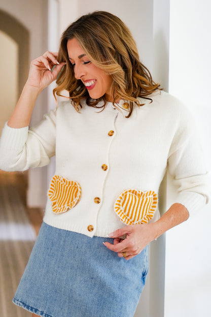 Long Sleeve Button Down Cardigan with Heart Pockets