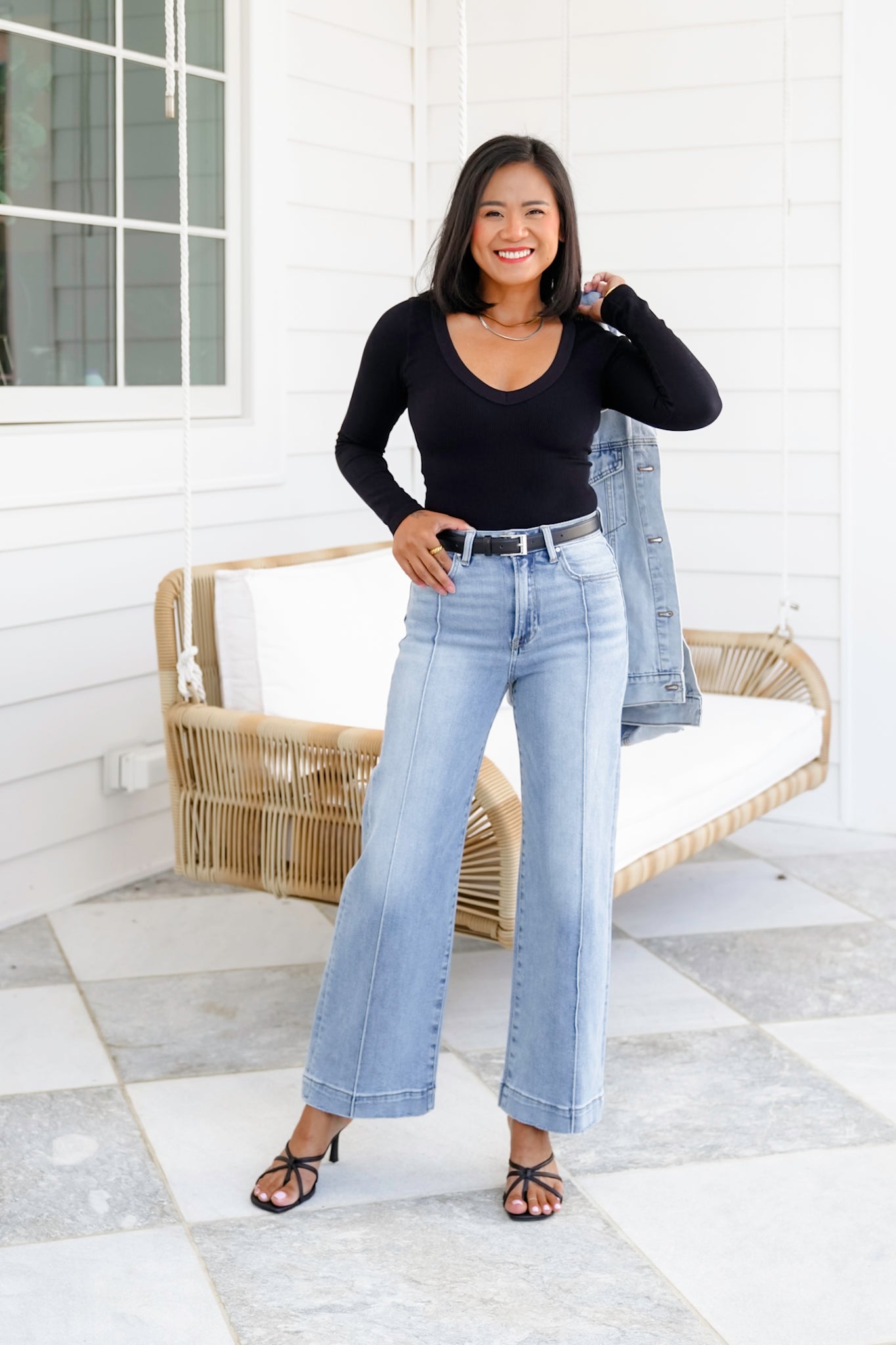 Ribbed Knit Long Sleeve V Neck Top