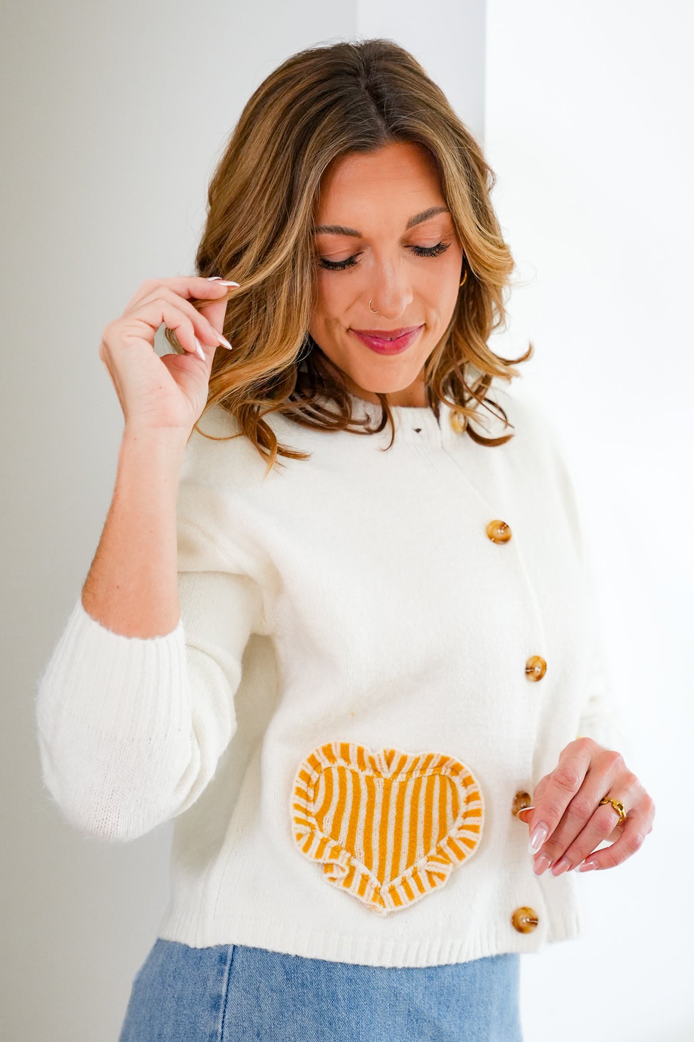 Long Sleeve Button Down Cardigan with Heart Pockets