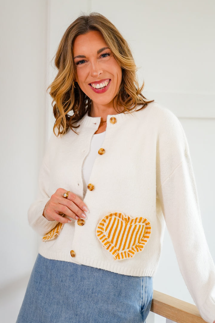 Long Sleeve Button Down Cardigan with Heart Pockets