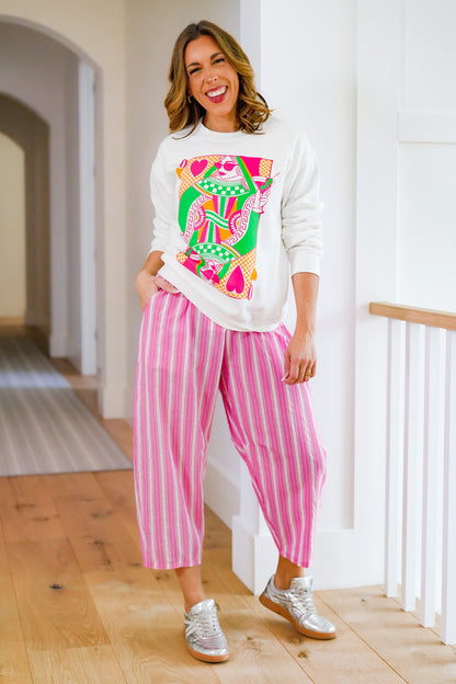 Plus/Reg Stripe Elastic Waist Pants with Side Pockets