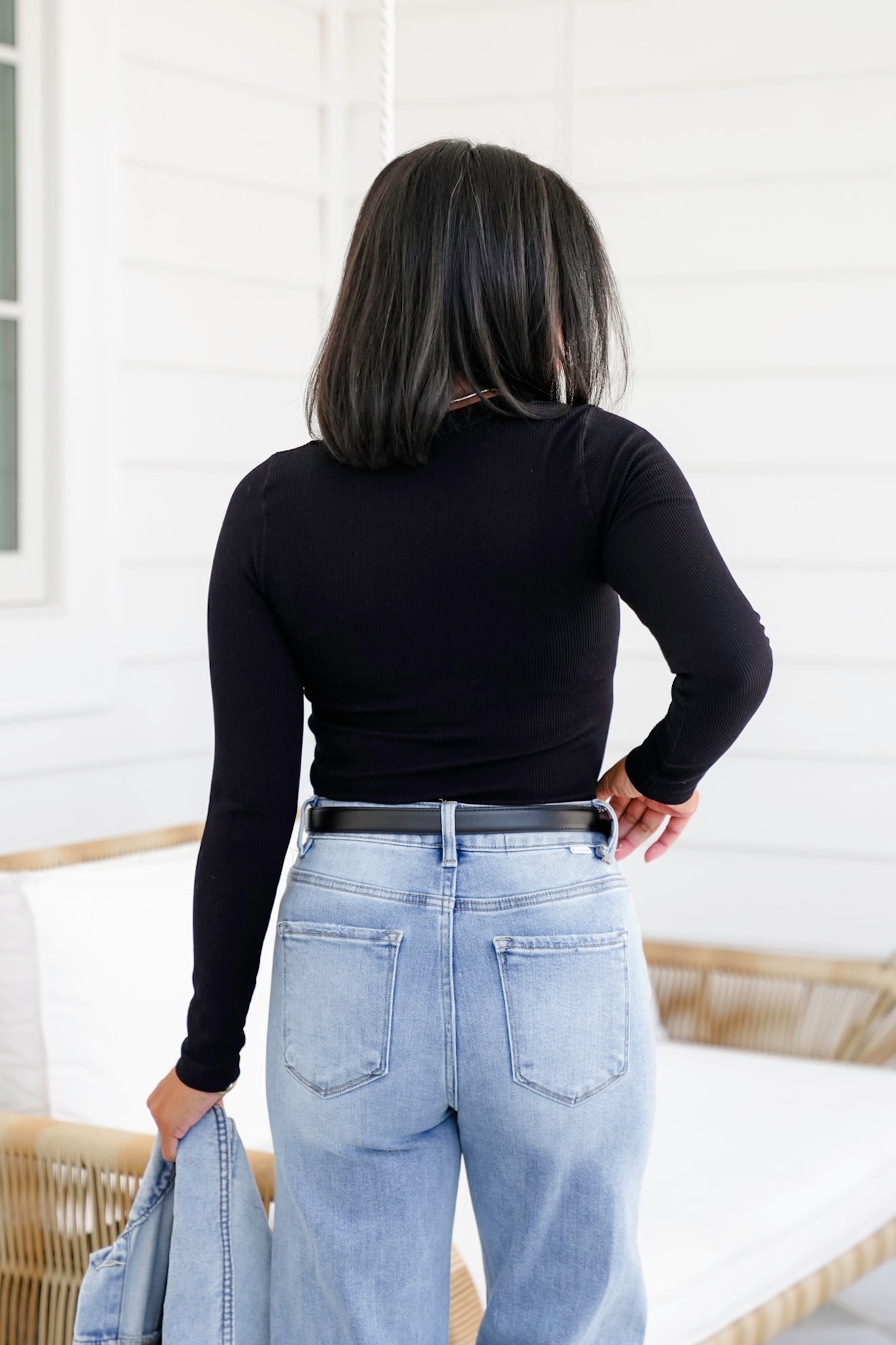 Ribbed Knit Long Sleeve V Neck Top