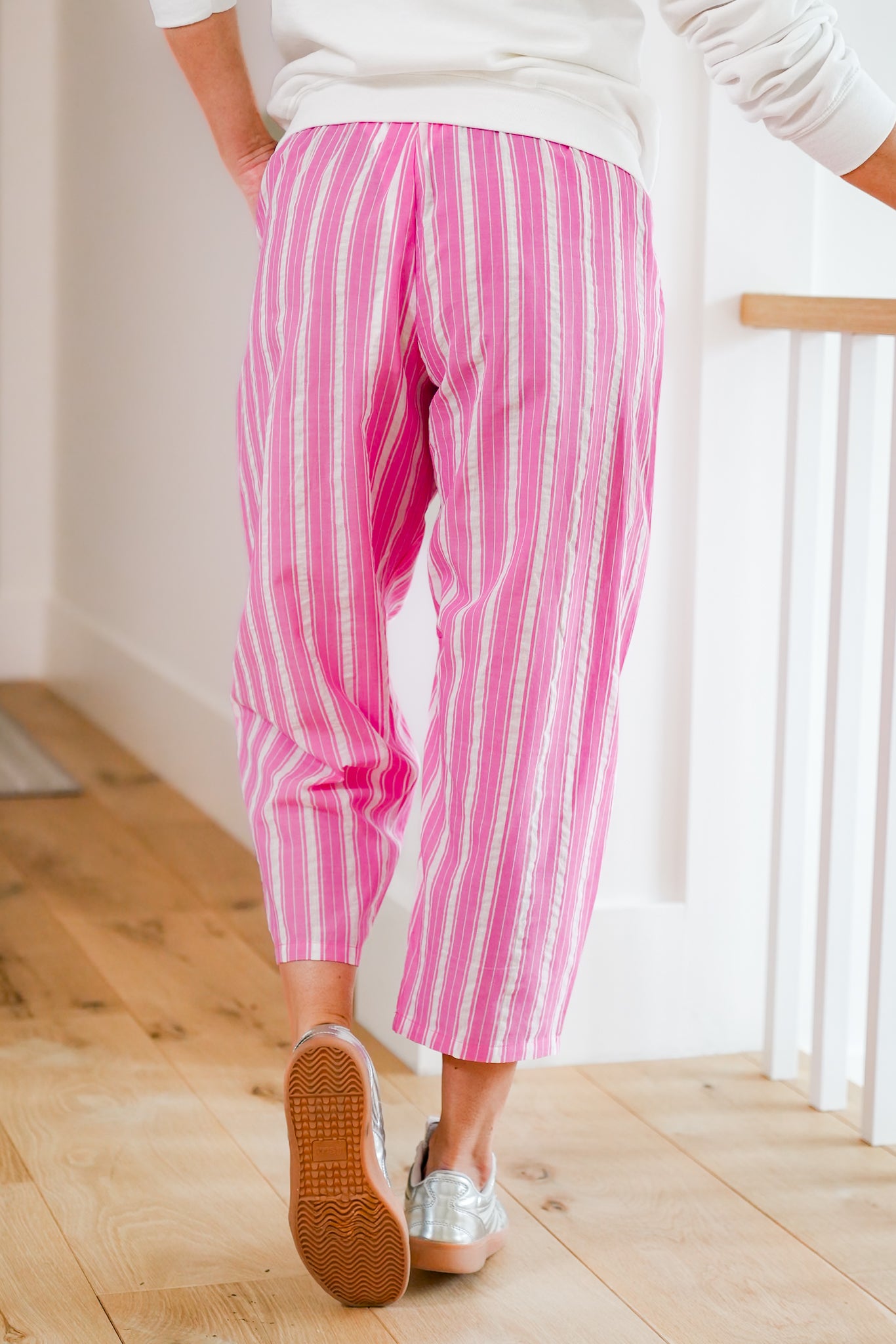 Plus/Reg Stripe Elastic Waist Pants with Side Pockets