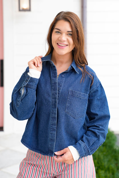 Risen Dark Wash Long Sleeve Button Down Shacket