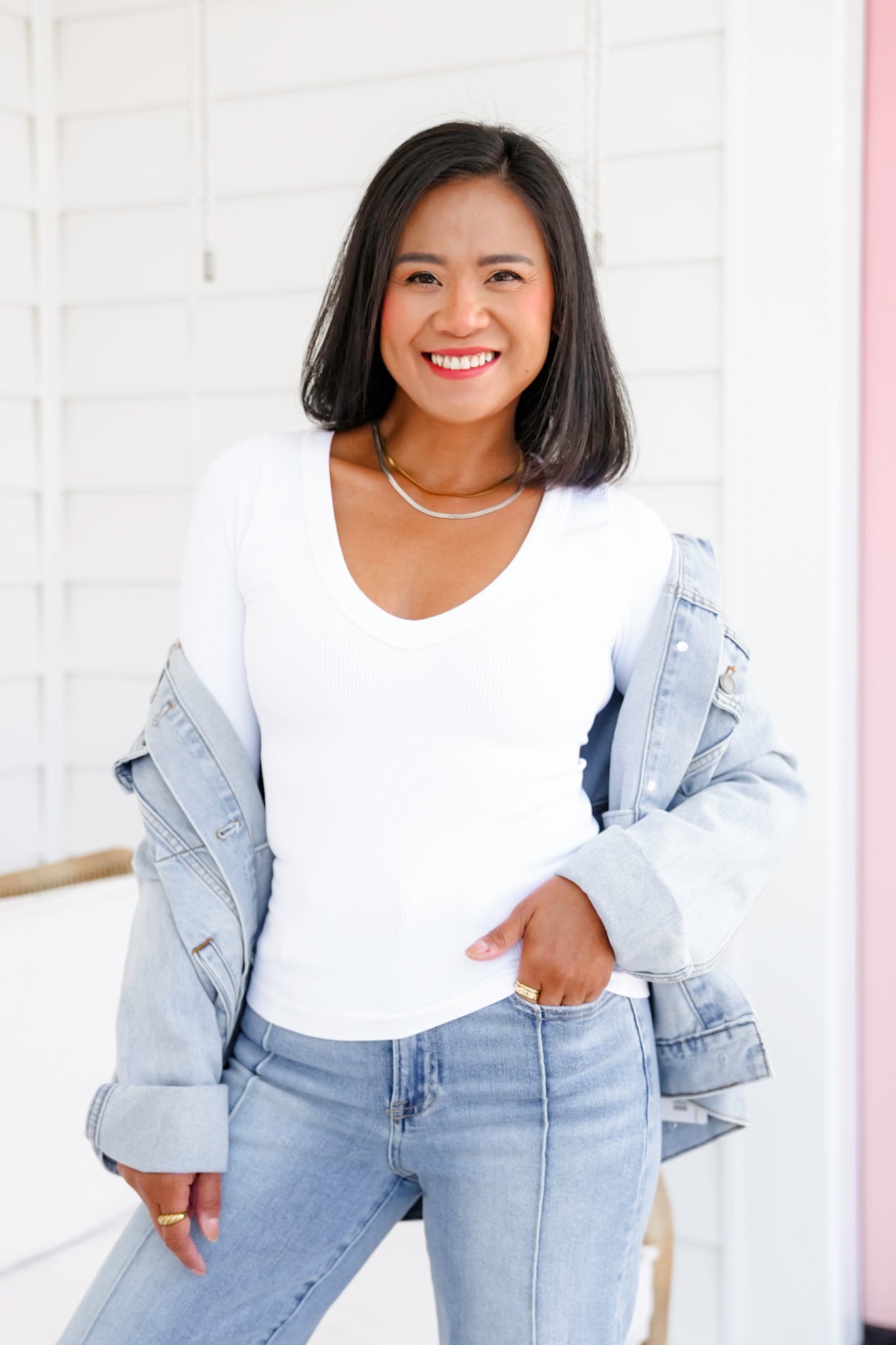 Ribbed Knit Long Sleeve V Neck Top